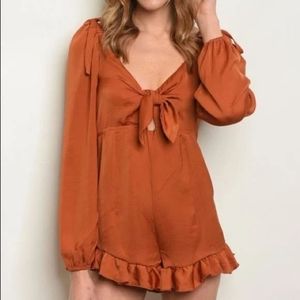 NEW Etophe Studios Burnt Orange Satin Ruffle Romper, size small